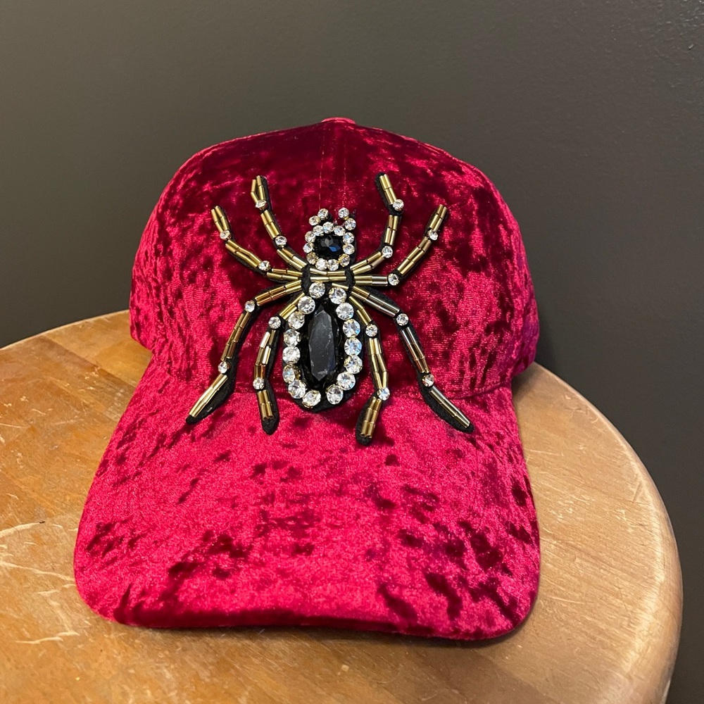 🕷️✨Red Velvet Cap with Beaded Spider Design 🕷️